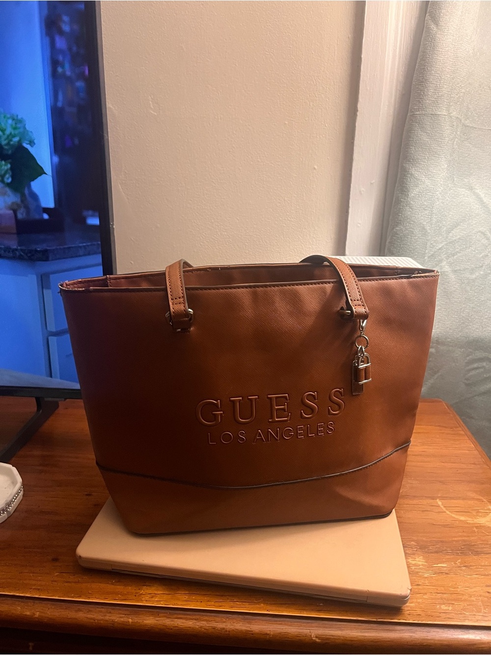 GUESS Rodney in Cognac Brown Tote with Charm